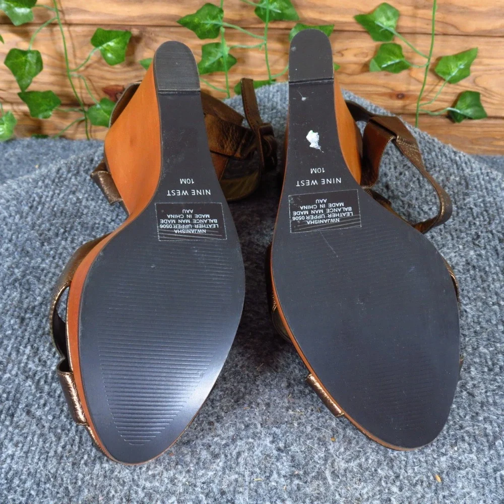 Nine West Janisha Women Wedge Sandals Size 10M Party Bronze Metallic Leather